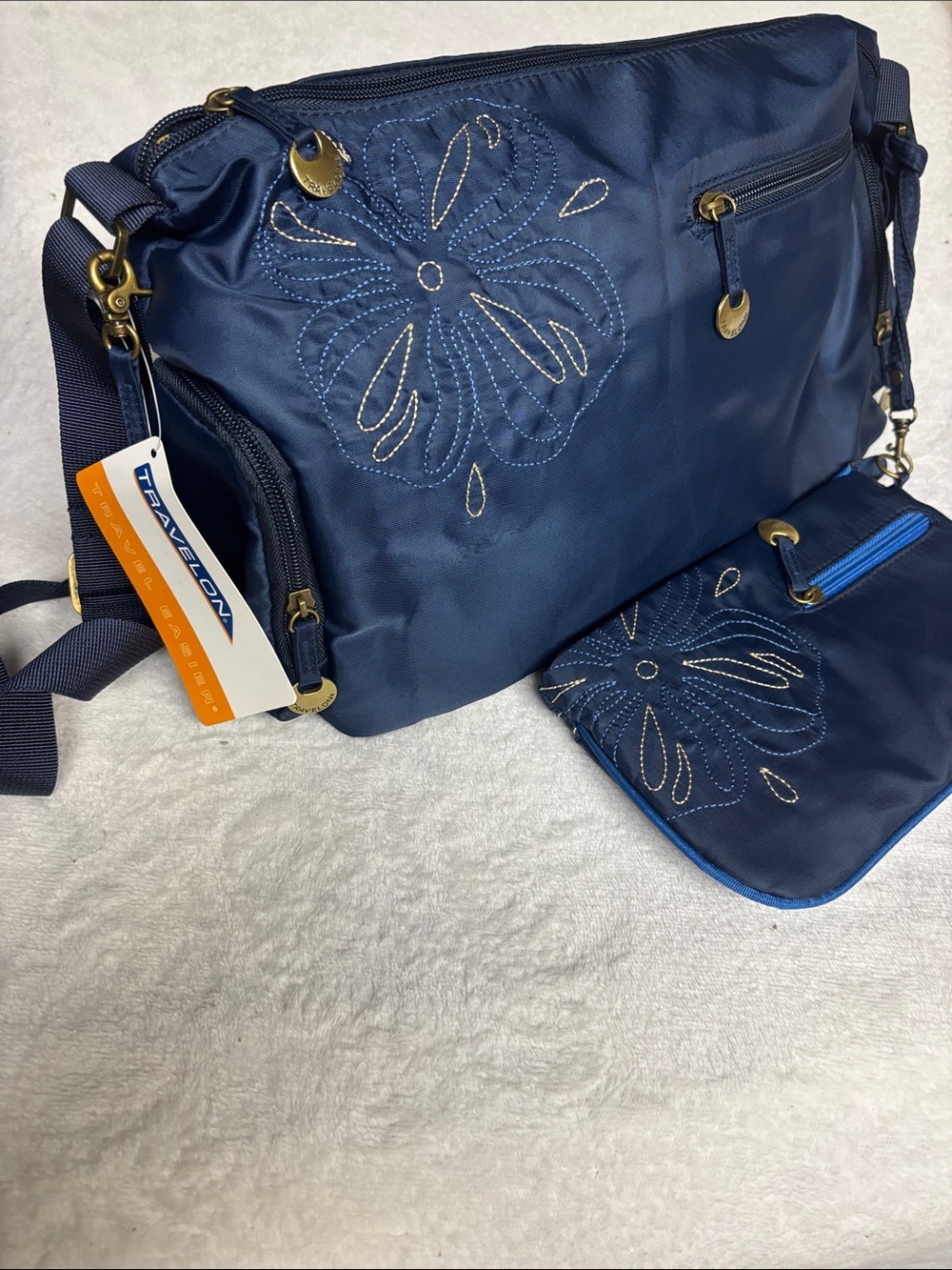Travelon Navy Floral-Stitch Crossbody with Matching Pouch